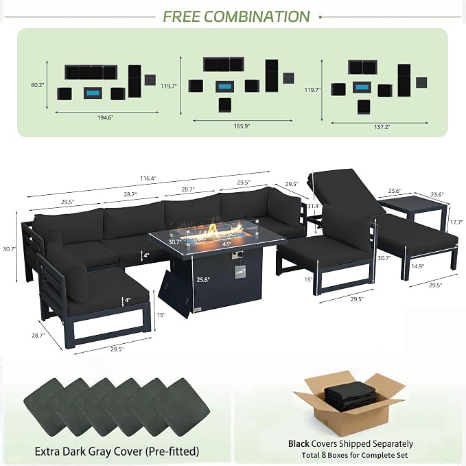 RADIATA 9 Pcs Extra Large Modern Aluminum Outdoor Furniture Set with Lounger & Fire Pit Table, 29 inch Deep Wide Couch Set, 500 lbs Heavy Duty Comfortable Patio Sectional Sofa for Edge of Pool, Black
