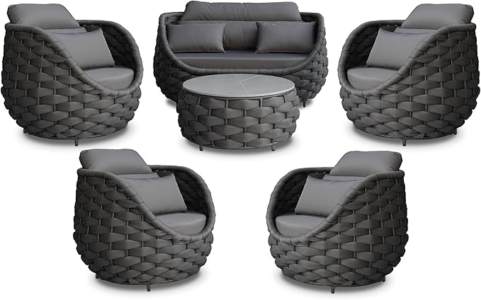 Cushioned Outdoor Patio Furniture Set: 6 Pieces Aluminum Porch Conversation Sofa Set - Modern Hand Woven Rope Deck Couch Set - Assembled All Weather for 661lbs Garden Yard Pool Hotel, Dark Gray