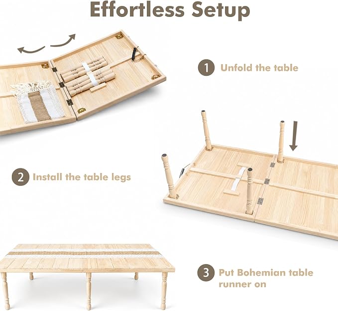 Boho Folding Picnic Table, 60" x 30" Low Wooden Table | Includes Table Runner & Non-Slip Pads, Portable Indoor/Outdoor Table for Camping, Beach, Garden, Wedding & Parties, Seats 6-8