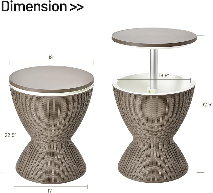 COSTWAY Outdoor Cool Bar Table, 8 Gallon Beer and Wine Cooler, Height Adjustable Rattan Style Cocktail Patio Bar Tables, 3-in-1 Ice Cooler with Drainage Plug for Deck, Pool, Party, Beach (Coffee)