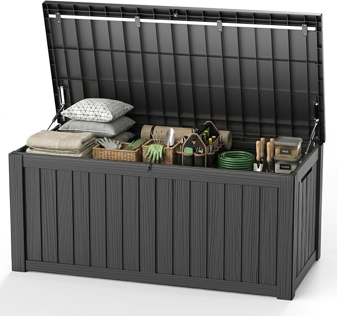 Outdoor Waterproof Resin Storage Deck Box Lockable Outside Bench UV Resistant Bin Patio Porch Furniture Pool Float Garden Tool Cushion (Black, 150 Gallon)