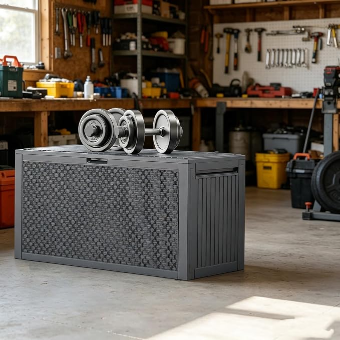 90 Gallon Outdoor Storage Deck Box with Wheels, Waterproof Resin Garden Storage Box Chest for Patio Furniture Cushions & Garden Tools, Lockable Seat Bench, Gray