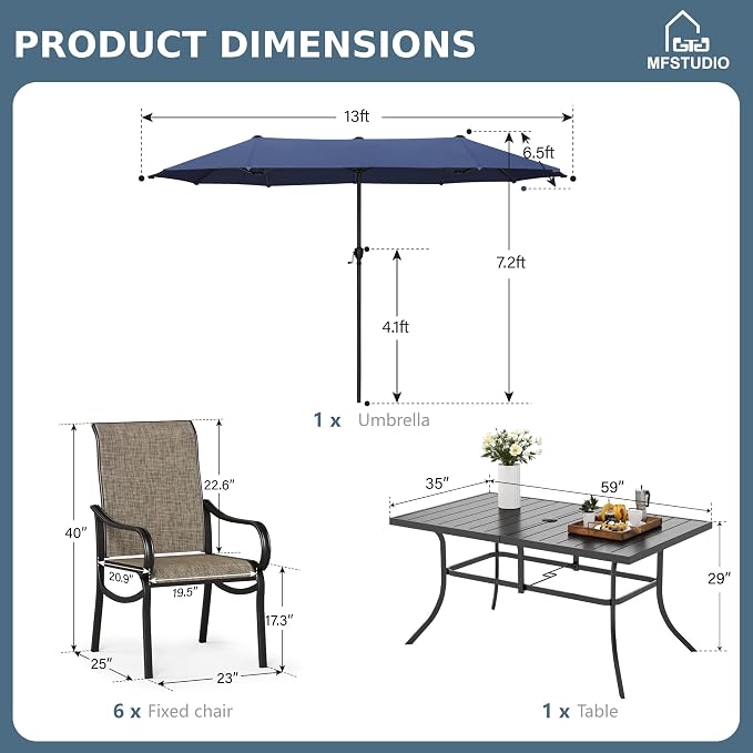 MFSTUDIO Patio Dining Set for 6, Outdoor Dining Set with Umbrella, Patio Furniture Set with Rectangular Table & Textilene Chairs & Navy Blue Umbrella (Base not Included)