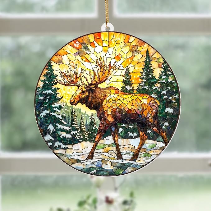 Stained Glass Style Acrylic Moose Ornament 2025 - Rustic Cabin Christmas Tree Ornament, Wildlife Suncatcher Window Hanging, Winter Holiday Decor Gift for Nature & Outdoor Lovers, Shatter(Sun-23)