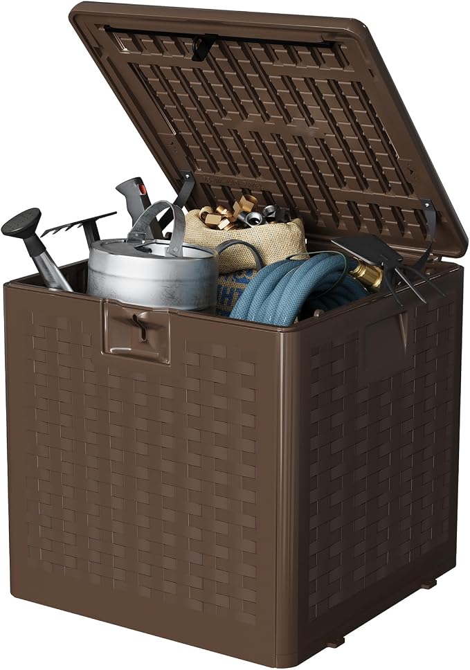 28 Gallon Blow Molded Storage Box, Imitation Rattan Pattern Outdoor Storage Bin with Lid, Large Plastic Deck Box for Patio, Balcony, Garage, Bedroom Indoor & Outdoor Organization