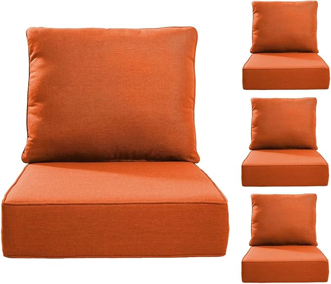 Luxury 24*24*6in Outdoor Patio Cushions, 4 Pieces Orange Outdoor Cushion | 6in Outdoor Patio Cushions, Water-Resistant, Reversible, Removable Cover, for Patio Chairs Sofa Couch Loveseat