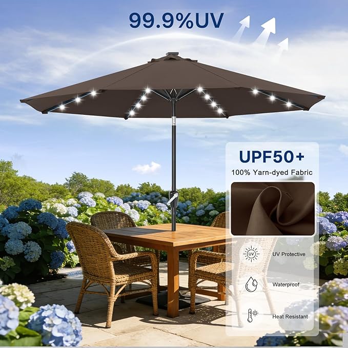 ABCCANOPY Durable Solar Led Patio Umbrellas with 32LED Lights 9FT (Brown)