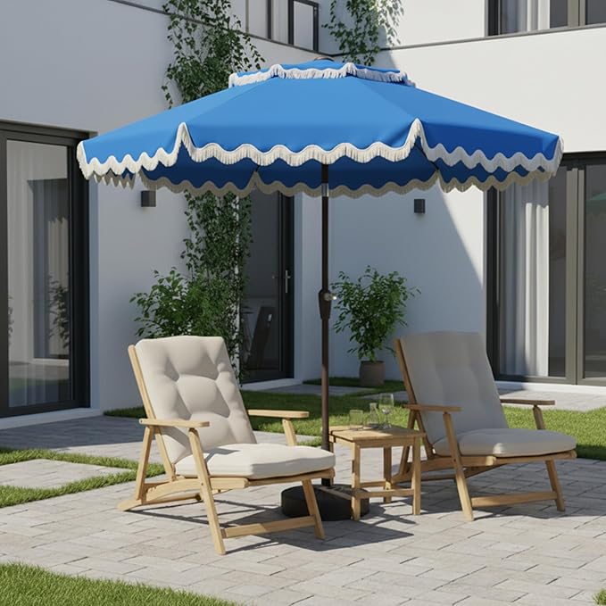 9FT Patio Umbrella with Fringe,Tassel Umbrella with Push-Button Tilt | UPF 50+ & Rust-Resistant Fiberglass Frame for Patio, Pool,Garden,Yard(Royal Blue)