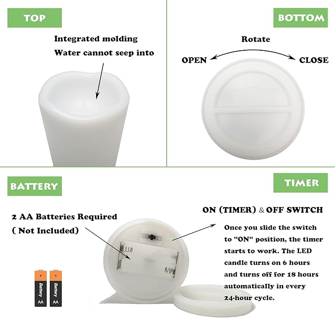 Outdoor Indoor Flameless Pillar Candles, 2 Pack Plastic Resin Battery Operated Electric LED Candle Sets with Cycling 24 Hours Timer Function for Home Party Wedding Decoration, 3"x3"