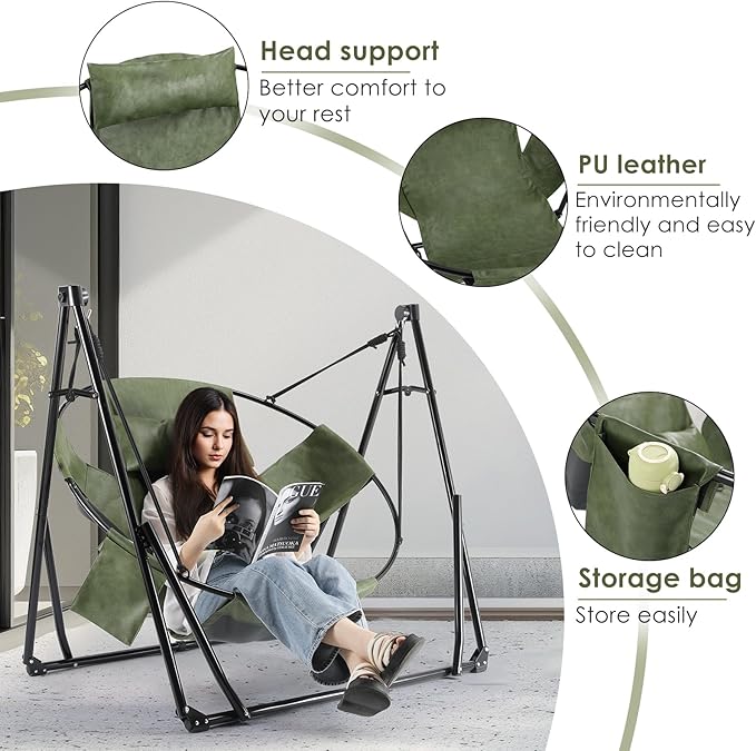 Arlopu 3 in 1 Portable Hammock with Steel Stand,Foldable PU Leather Swing Chair,6-Level Standing Hammocks Included Carrying Bag,Side Pocket,Pillow,for Outside,Indoor,Yard,Garden,Patio,Camping(Green)
