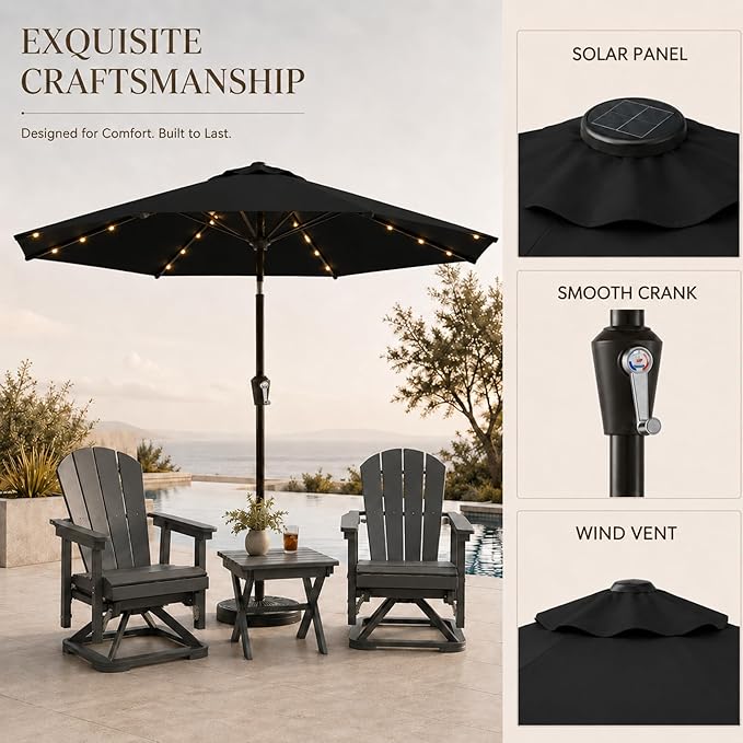 10FT Solar Lighted Patio Umbrella, Outdoor Table Market Umbrellas with Push Button Tilt and Crank, 32 LED Lights, 8 Sturdy Ribs, UV-Resistant for Deck, Garden, Pool