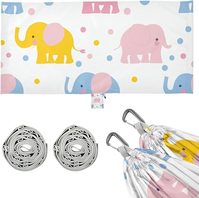Cartoon Cute Blue and Pink Elephant 330lb Capacity Camping Hammock with Tree Straps Rope Hammock for Indoor Outdoor Patio Base para hamaca