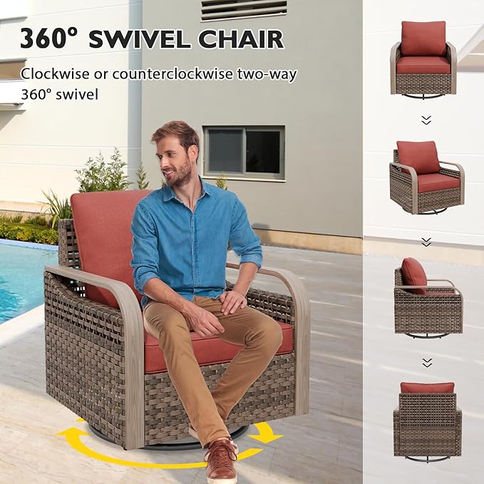 EAGLE PEAK Modern Wicker Outdoor Patio Furniture Set, Patio Conversation Set, 2 Swivel Rocking Chairs, 2-Seat Loveseat, Coffee Table and Side Table, 5 Pieces, Brown/Red