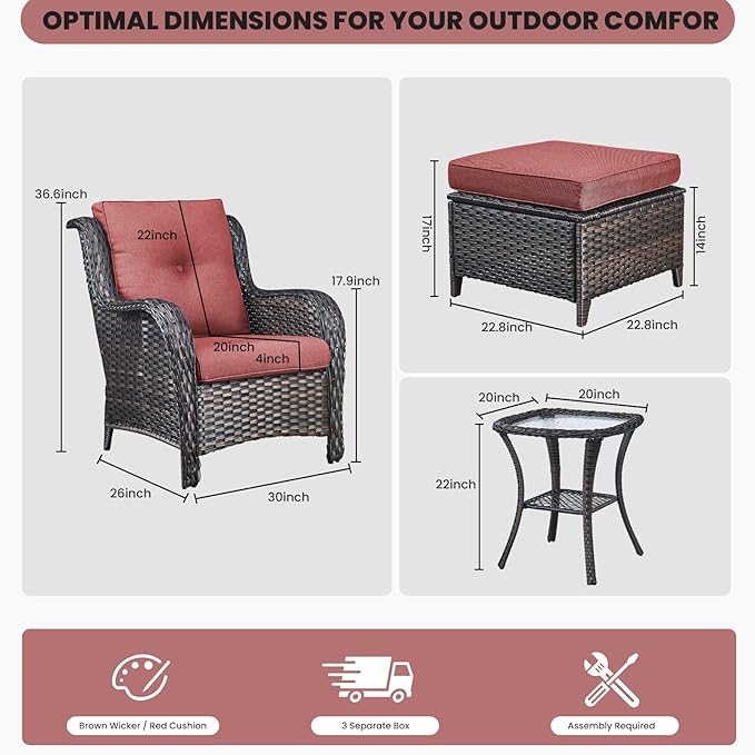 Belord Outdoor Wicker Furniture 5 Pieces Patio Furniture Set Patio Chairs with Ottomans and Side Table Conversation Set for Porch Garden Deck Balcony Poolside
