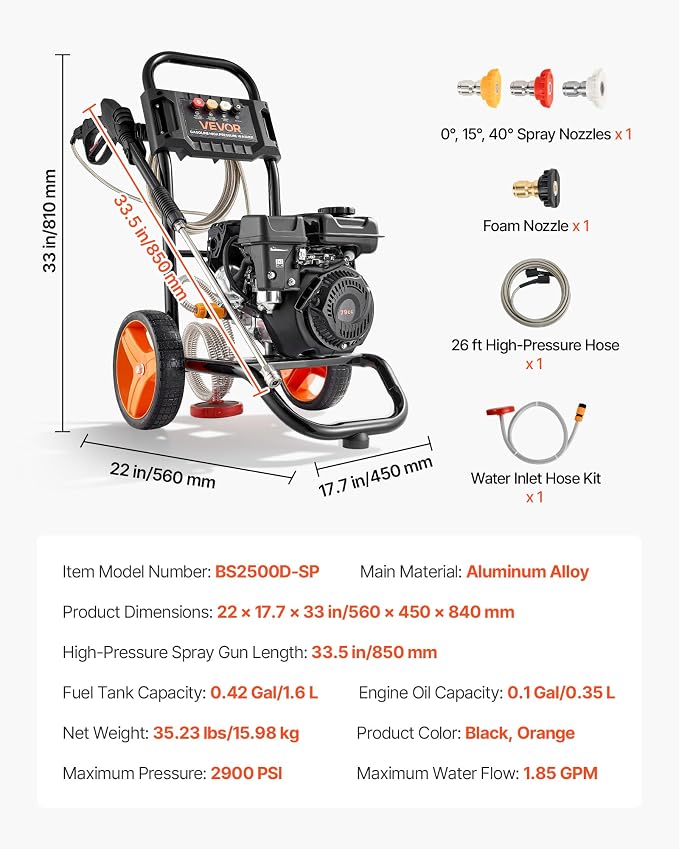 VEVOR Gas Pressure Washer 2900 PSI and 1.85 Max GPM, Upgrade Aluminum Pump with Spray Gun and Wand, 4 Nozzle Set, Gas Powered Pressure Washer for Cars, Fences, Driveways, Homes, Patios, Furniture