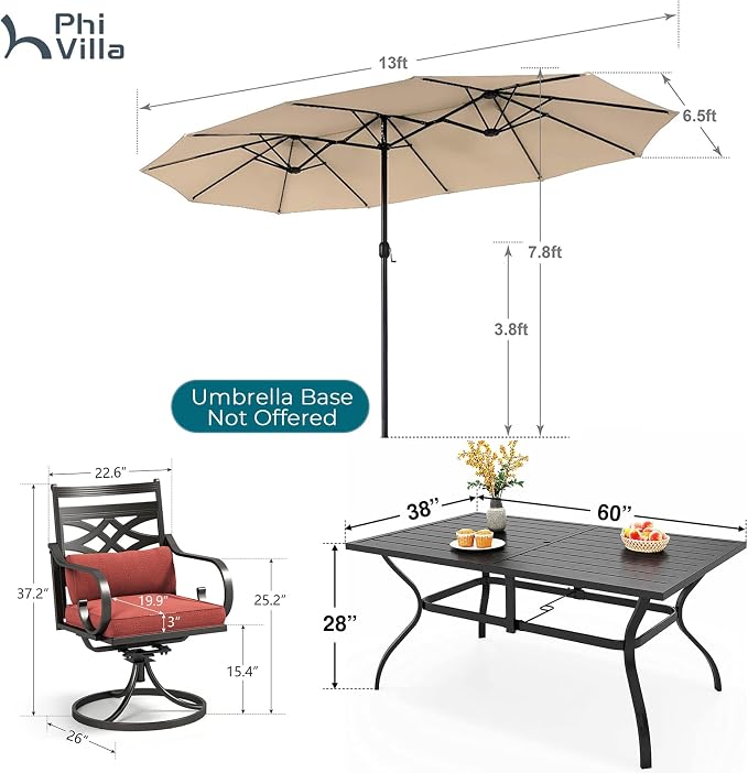 PHI VILLA Outdoor Dining Set with Umbrella for 6, 60" Metal Table & Wrought Iron Swivel Chairs, Patio Furniture with Red Cushions & Pillows for Deck, Porch, Backyard