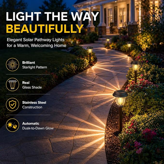 Solar Lights Outdoor, 6 Pack Metal Solar Pathway Lights, Heavy Duty Stainless Steel & Glass, Auto On/Off Waterproof Garden Lights for Driveway Landscape Walkway Yard Outdoor Decor (Warm White) | Waterproof Heavy Duty Stainless Steel Glass Auto On/Off L...
