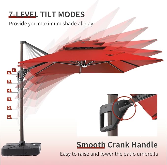 JZAC & QZYD 10X13 FT Outdoor Cantilever Patio Umbrella with Base Included and LED Lights, Large Heavy Duty 2-Tier Aluminum Offset Umbrellas with 360-Degree Rotation for Pool Deck, Red