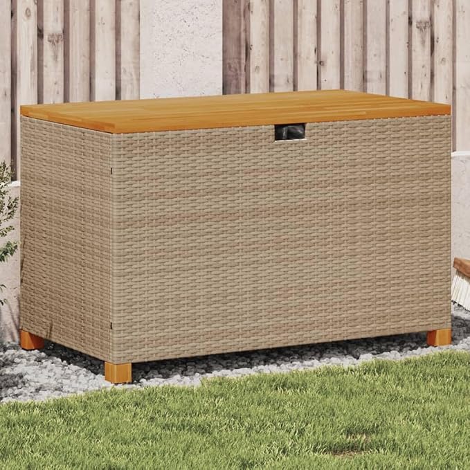 Patio Storage Box Beige 43.3"x21.7"x24.8" Poly Rattan Acacia Wood, Patio Storage Boxes