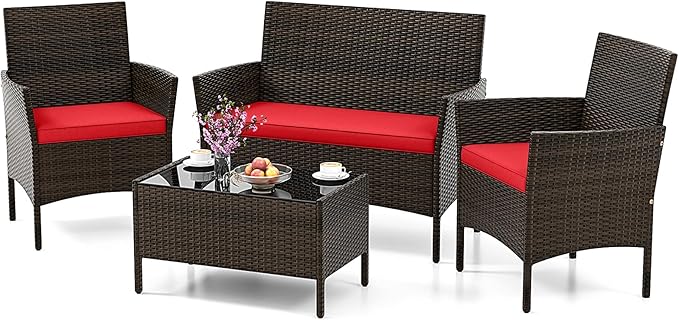HAPPYGRILL 4 Pieces Outdoor Rattan Conversation Set, Patio Wicker Furniture Set with Loveseat Chairs & Tempered Glass Coffee Table, Outside Sectional Sofa Set for Backyard Garden Poolside, Red