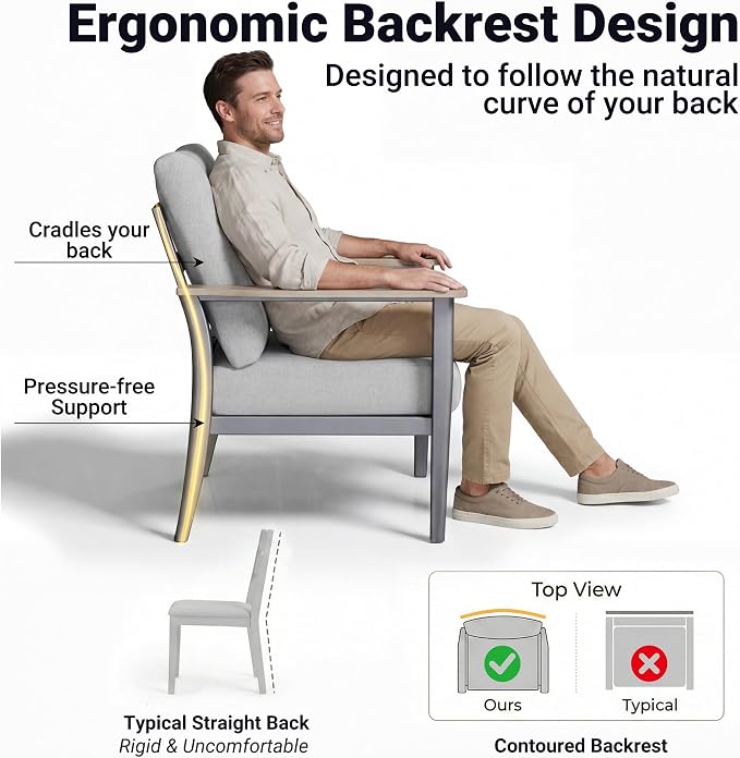 Aluminum Patio Chairs Set of 2, Modern Outdoor Armchairs with Wood-Like Armrests & 5.1" Thick Cushions, Wide Seat Balcony Furniture for Porch, Deck, Gray