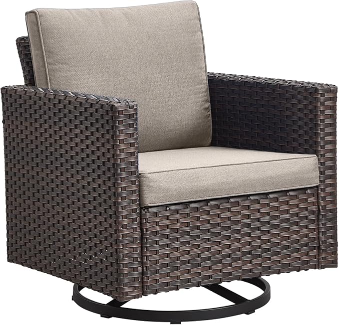 Outdoor Patio Swivel Rocker Chairs - Single Wicker Patio Swivel Rocking Chair with Waterproof Wicker,Comfortable Cushions and Sturdy Metal Frame for Outside Porch Deck Backyard(Brown/Grey/1PC)