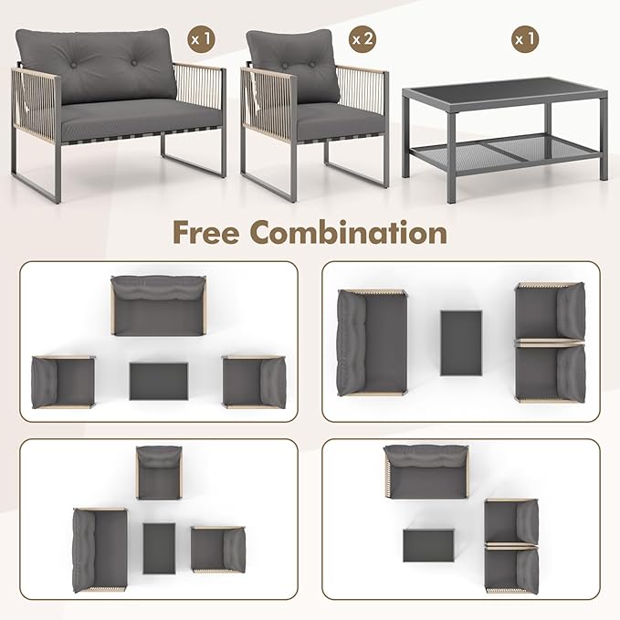 Tangkula 4 Pieces Patio Furniture Set, Outdoor PE Rattan Conversation Sofa Set with Thick Cushions and 2-Tier Tempered Glass Coffee Table for Garden, Porch, Balcony and Backyard (Grey,1)