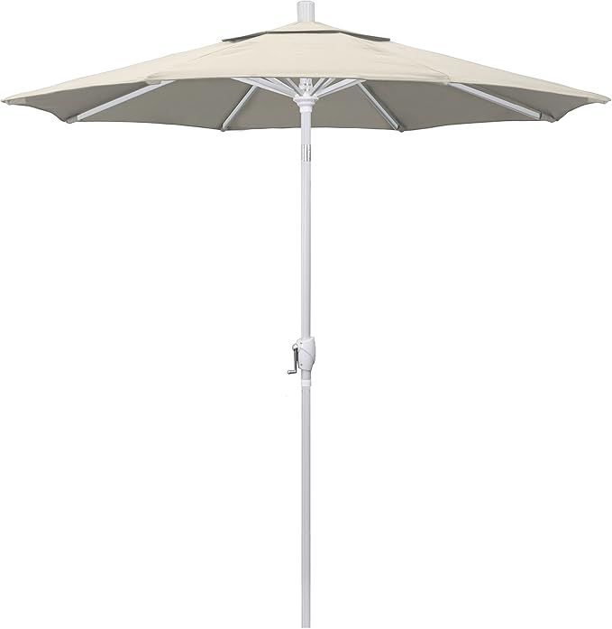 California Umbrella 7.5' Round Aluminum Market Umbrella, Crank Lift, Push Button Tilt, White Pole, Antique Beige Olefin