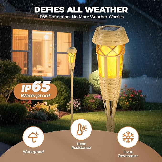 Solar Flickering Flame Torch Lights 4Pack - IP65 Waterproof Dusk to Dawn Auto On/Off, Outdoor Decorative Lights for Garden Yard