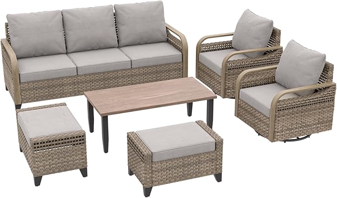 COOS BAY Modern Wicker Outdoor Furniture Set, 6 Piece Patio Conversation Set with 2 Swivel Rockers, a 3 Seat Couch, 2 Ottomans and Coffee Table, 6 Piece, Brown/Gray