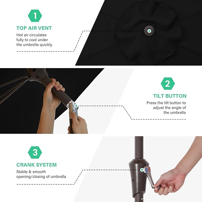 JEAREY 9FT Outdoor Patio Umbrella,Market Table Umbrella with 8 Fiberglass Ribs, Pool Umbrella with Tilt and Crank, UV Protection Lightweight & Wind-Resistant for Lawn, Garden, Deck and Backyard, Black