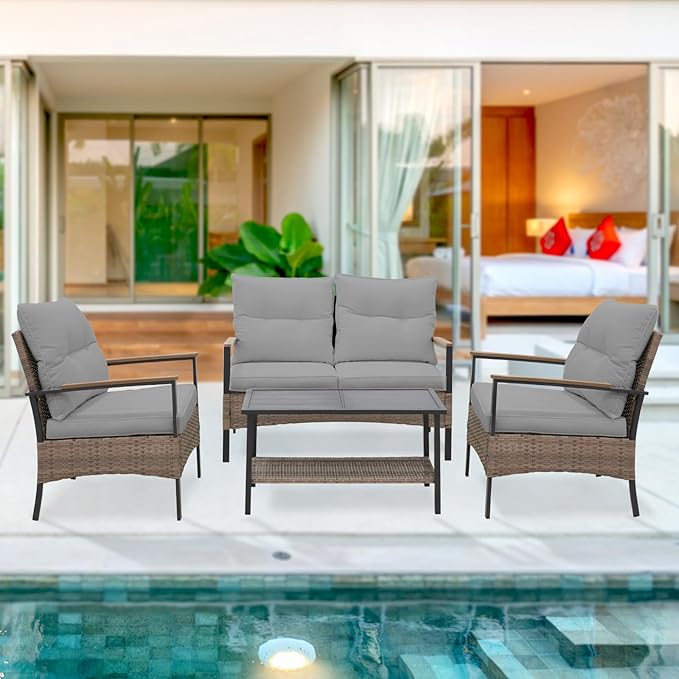 EAGLE PEAK 4 Piece Mojave Dusk Outdoor Conversation Set, Patio Wicker Furniture, Loveseat, 2 Patio Chairs and Coffee Table, Brown/Gray