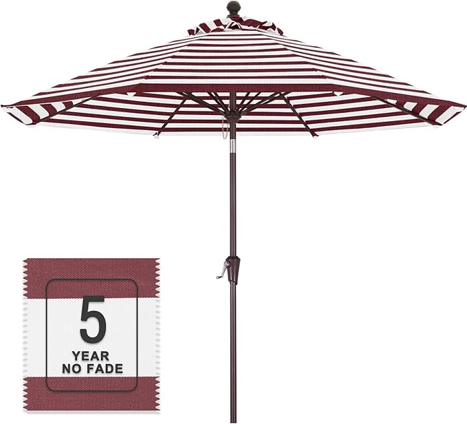 MASTERCANOPY Olefin 5-Year-Non-Fading 9ft Patio Umbrella with Tilt and Crank, Large UV Resistant Outdoor Table Umbrella with 8 Fiberglass Ribs for Deck, Yard & Market, Burgundy & White