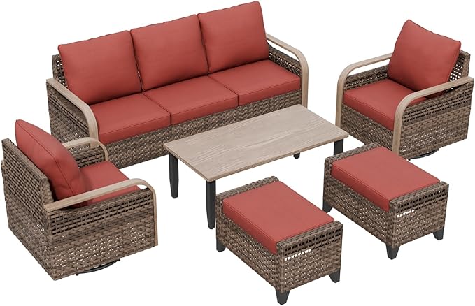 Modern Wicker Patio Furniture Set, Rattan Outdoor Conversation Set with Comfortable Cushions, 2 Swivel Rocking Chairs, 3 Seat Couch, 2 Ottomans and Coffee Table, 6 Pieces, Brown/Red
