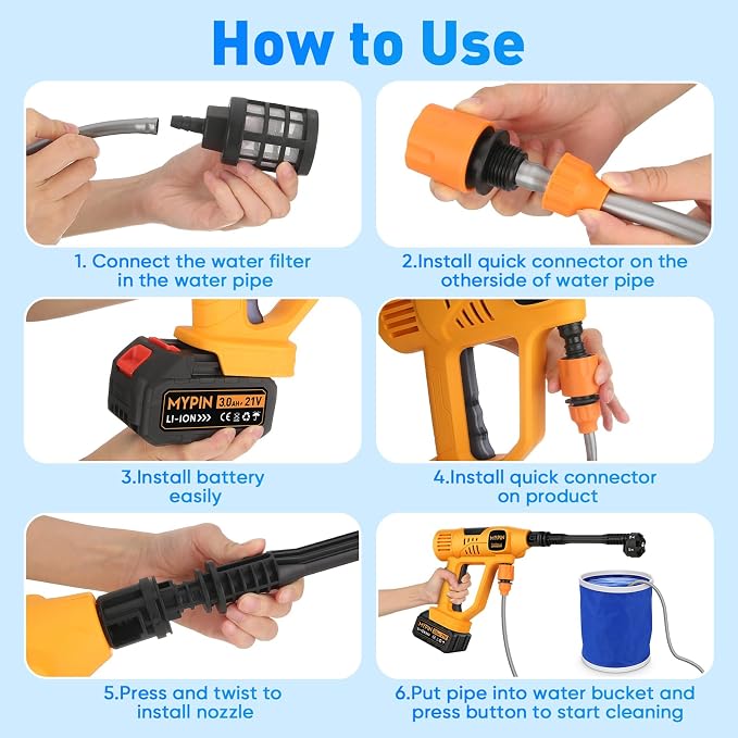 Upgraded LCD Display Portable Cordless Washer, 21V 2x3.0AH Rechargeable Batteries, 6-in-1 Nozzle for Car Floor Wall Fence Cleaning,10 Adjustable Pressure Modes