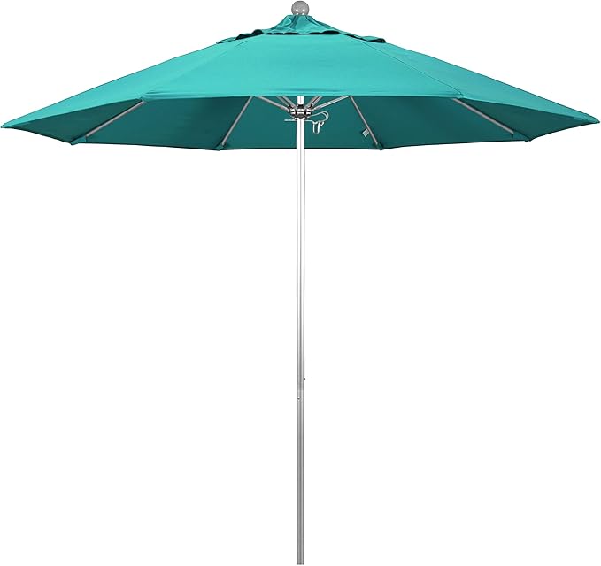 California Umbrella 9' Rd. Venture Series Contract Grade Patio Umbrella, Push Open Pin Stop, Silver Finish, Sunbrella Aruba