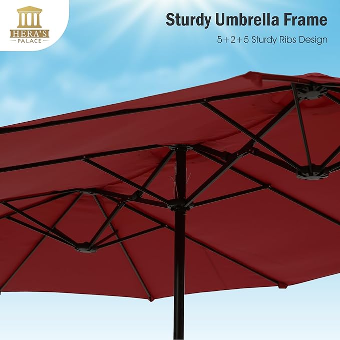 HERA'S PALACE Umbrella Patio Outdoor with Base 15ft Rectangle Table Double Market Umbrellas Clearance Large Included Stand for Deck Outside Pool Picnic Inground Yard Commercial, Burgundy