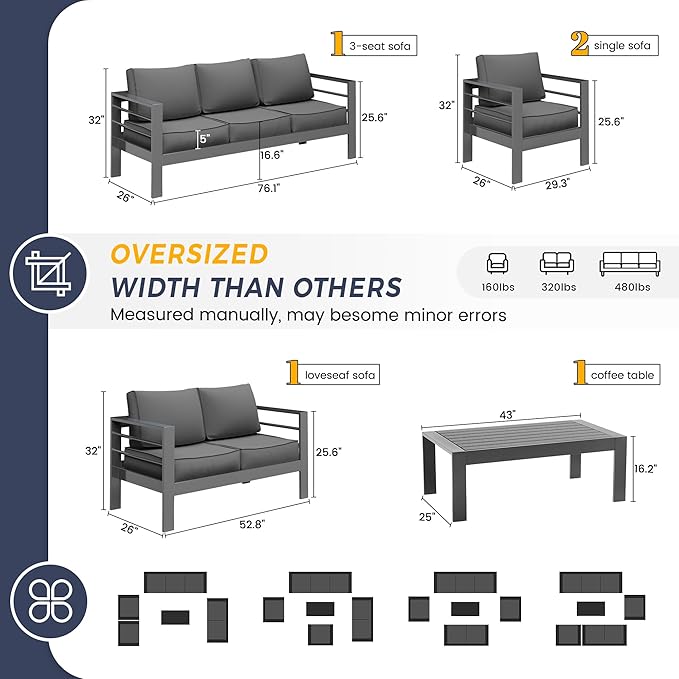 UDPATIO Aluminum Patio Furniture Set, 5 Pieces Outdoor Conversation Set with Waterproof Covers, All-Weather Modern Sectional Sofa for Patio, Deck, Backyard, Dark Grey/Dark Grey