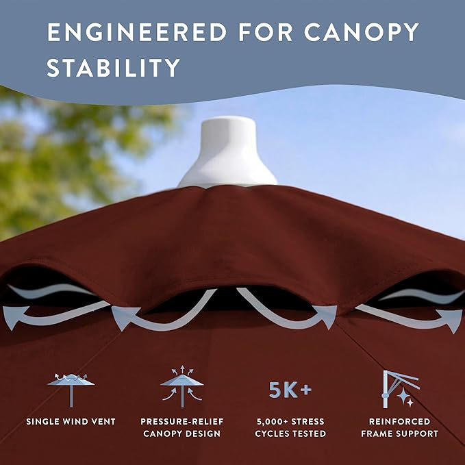 California Umbrella 12-Year Protection 9-Ft Outdoor Patio Umbrella, Sunbrella Fade-Resistant Fabric, Auto-Tilt, Heavy Duty Aluminum Frame, 8 Reinforced Ribs for Pool or Deck, White Pole, Henna