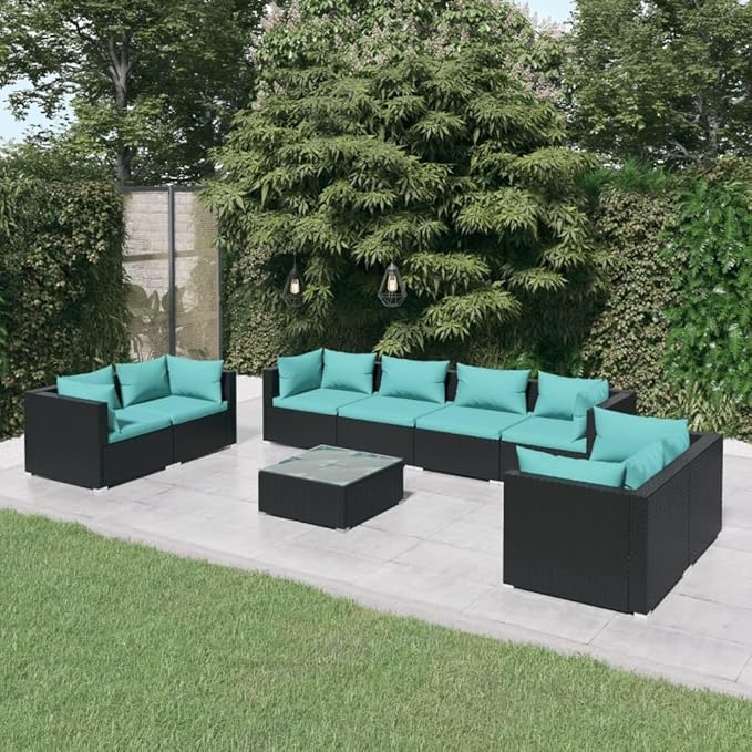 9 Piece Patio Lounge Set with Cushion, Patio Lounge Set Outdoor Patio Sectional Furniture Conversation Sets Piece Patio Set s Poly Rattan Black