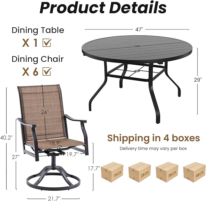 Soohow Outdoor Dining Set for 6, 7-Piece Round Table Patio Dining Set, 6 x Swivel Patio Chairs and 1 x 47 Round Outdoor Dining Table, for Poolside, Backyard and Proch