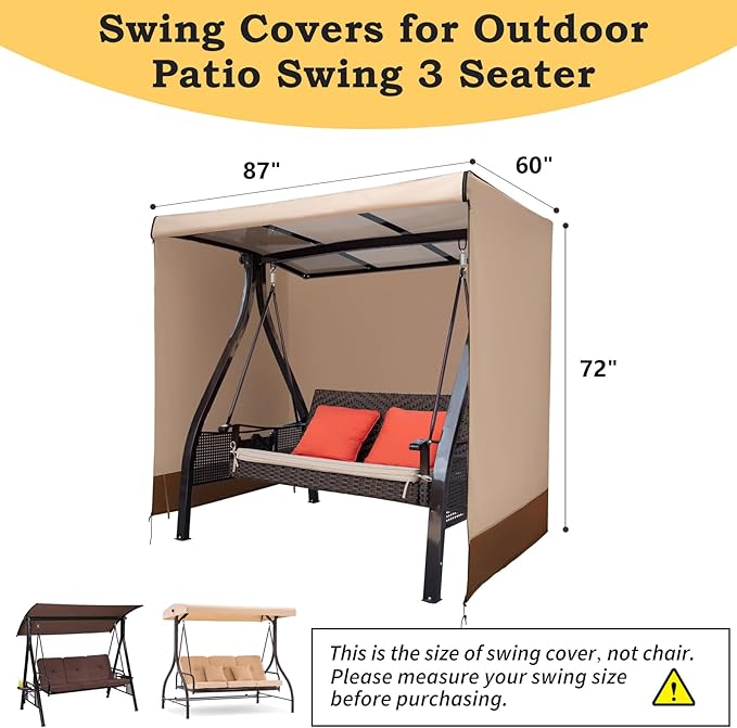 Outdoor Swing Cover 3 Triple Seater Waterproof Patio Porch Swing Covers Replacement for Winter,3 Seater Garden Furniture Swing Chair Protector Cover(87"*60"*72")