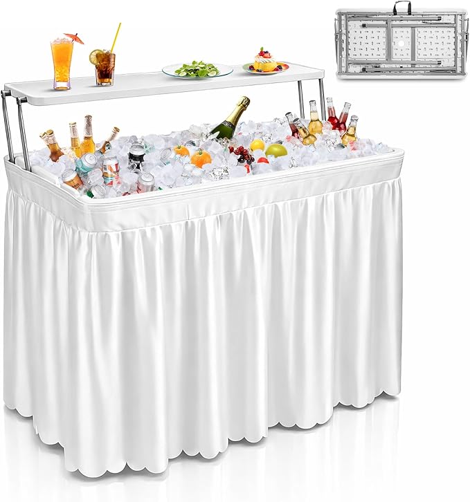 4ft Portable Ice Cooler Folding Table, Dual-Level Design, Built-in Drain, Detachable Skirt, Perfect for Outdoor Parties, Camping, Picnics, Pools, White