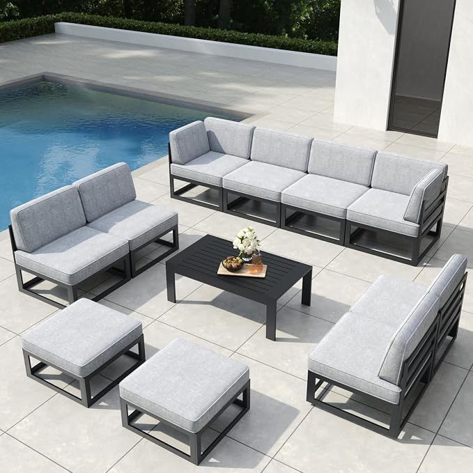 11 Pieces Aluminum Patio Furniture Set with Coffee Table, Metal Outdoor Conversation Sofa Set witVah Seating Cushions