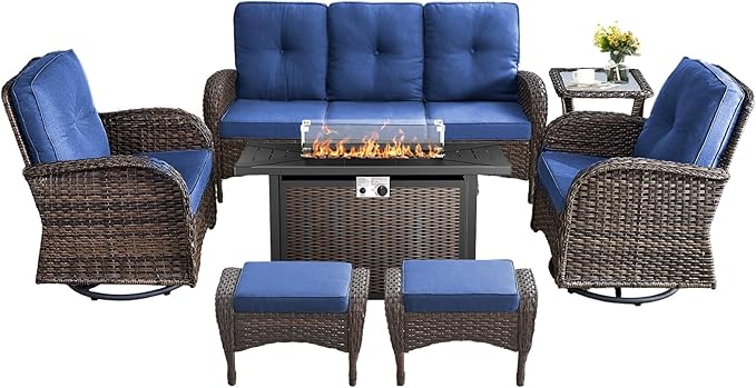 7 Pieces Outdoor Furniture with Fire Pit Deep Seating Wicker Patio Couch with Patio Swivel Chairs Outdoor Furniture Set for Deck Porch Garden Balcony Poolside-Brown/Blue