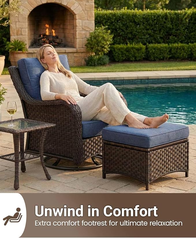 7 Pieces Outdoor Furniture Set with 6-inch Cushions, High Back Wicker Swivel Rocker Chairs with Coffee Table, Luxury Conversation Set for Deck Patio and Poolside