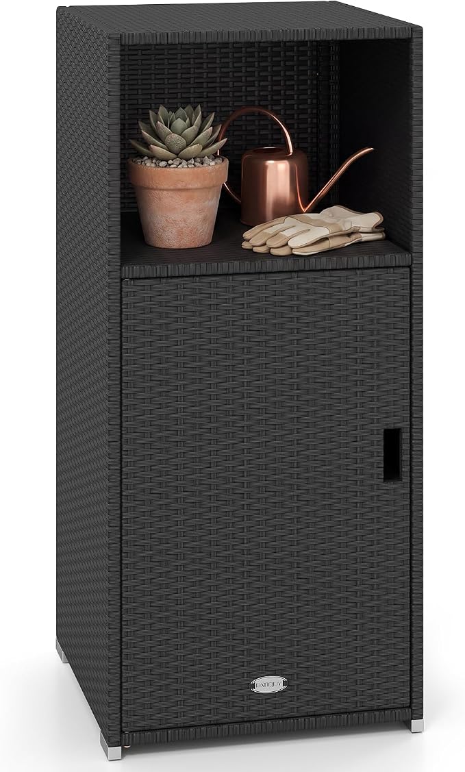 Tangkula Rattan Outdoor Storage Cabinet, Patiojoy PE Wicker Outdoor Cabinet with 3 Storage Shelves, Open Compartment and Door, Patio Storage Deck Box for Porch, Poolside, Backyard