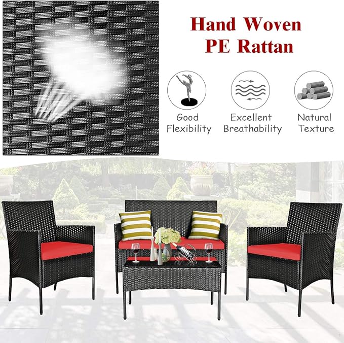 DORTALA 8 Pieces Patio Furniture Set, Rattan Conversation Set with Coffee Table & Cushions, Outdoor Wicker Sofa Set for Poolside, Backyard, Red