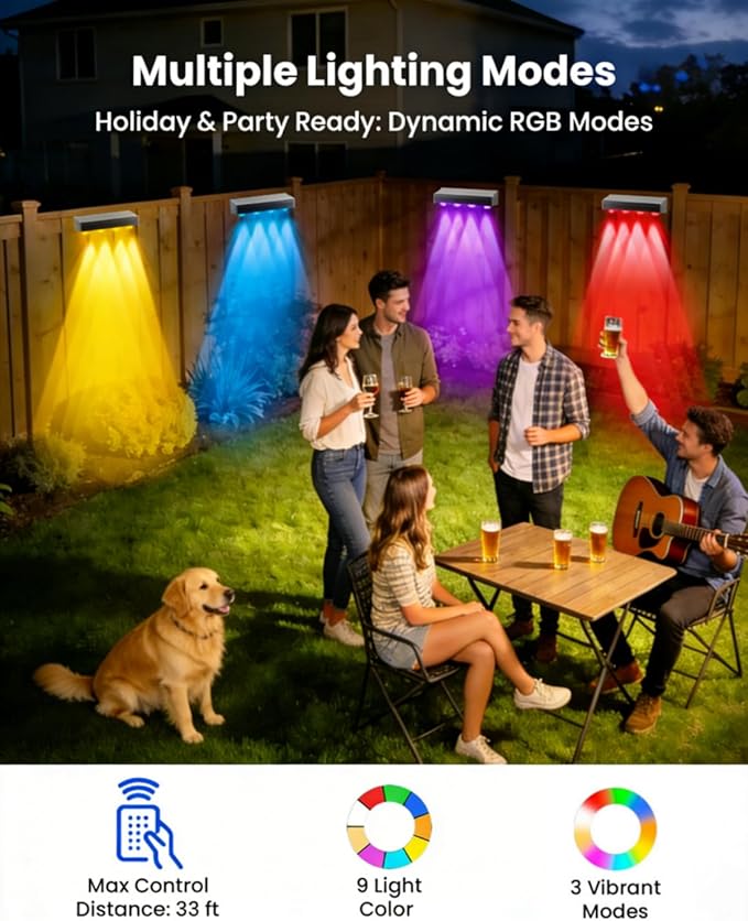 Solar Fence Lights Outdoor Waterproof 12 Pack IP65 Waterproof Fence Solar Lights 3000/5000K/RGB 12 Mode, Solar Powered Wall Lighting Decor for Backyard, Railing, Step, Patio Housewarming Gifts