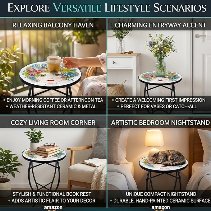 Mosaic Outdoor Side Table Small Round Patio Table Plant Stand | 21" Accent End Table with 14" Ceramic Tile Top for Small Spaces Porch Pool Garden Decor Indoor Living Room Bedroom Balcony